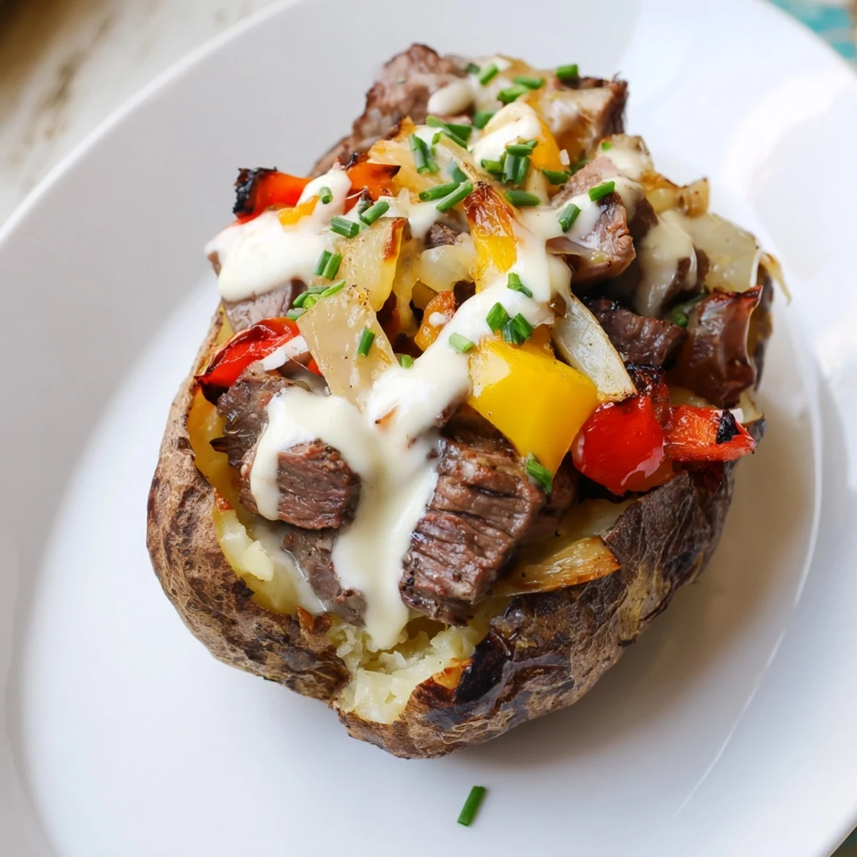 Golden baked potato filled with juicy steak cubes and drizzled with rich Parmesan cream sauce
