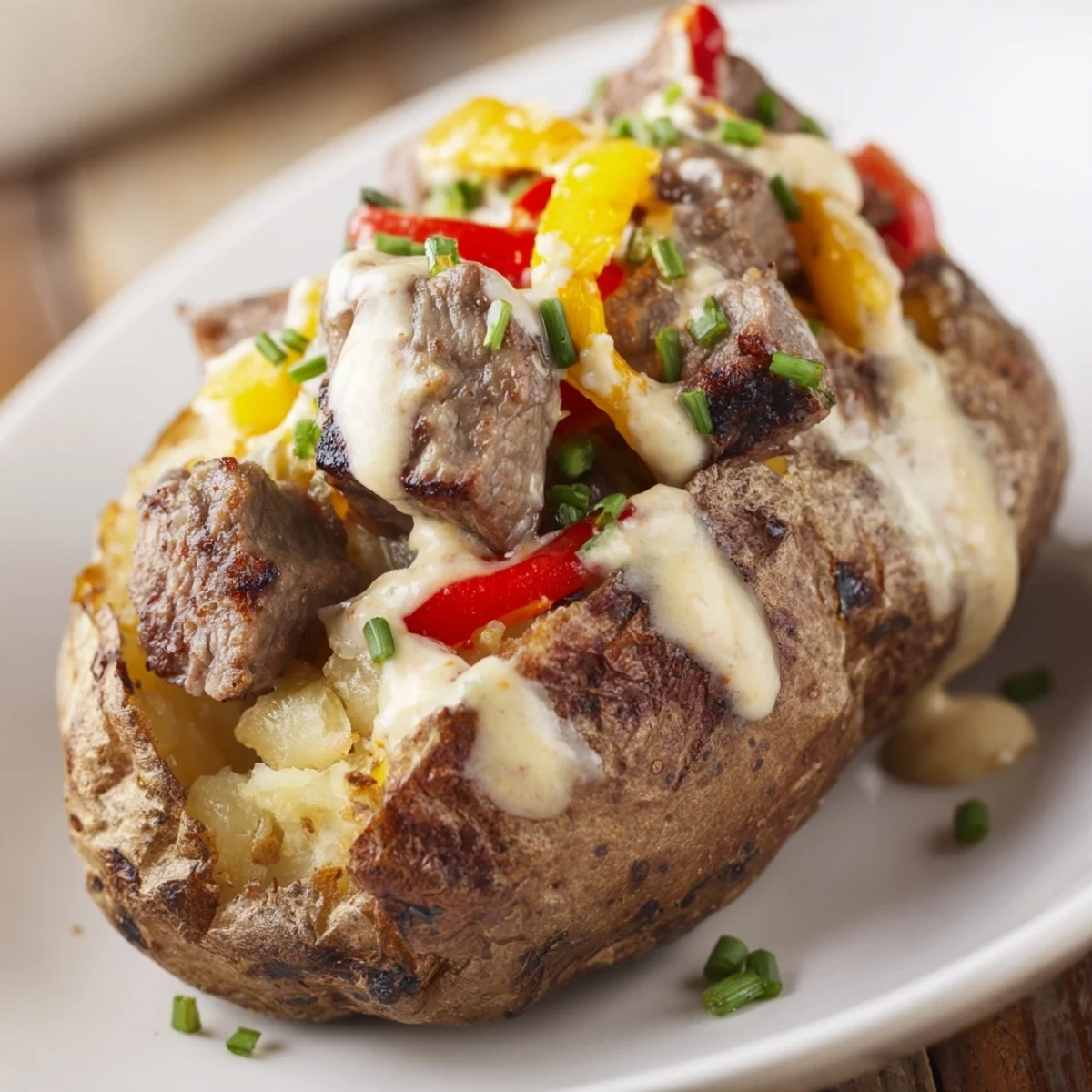 Fluffy russet potato stuffed with savory steak and vegetables topped with creamy white cheese sauce