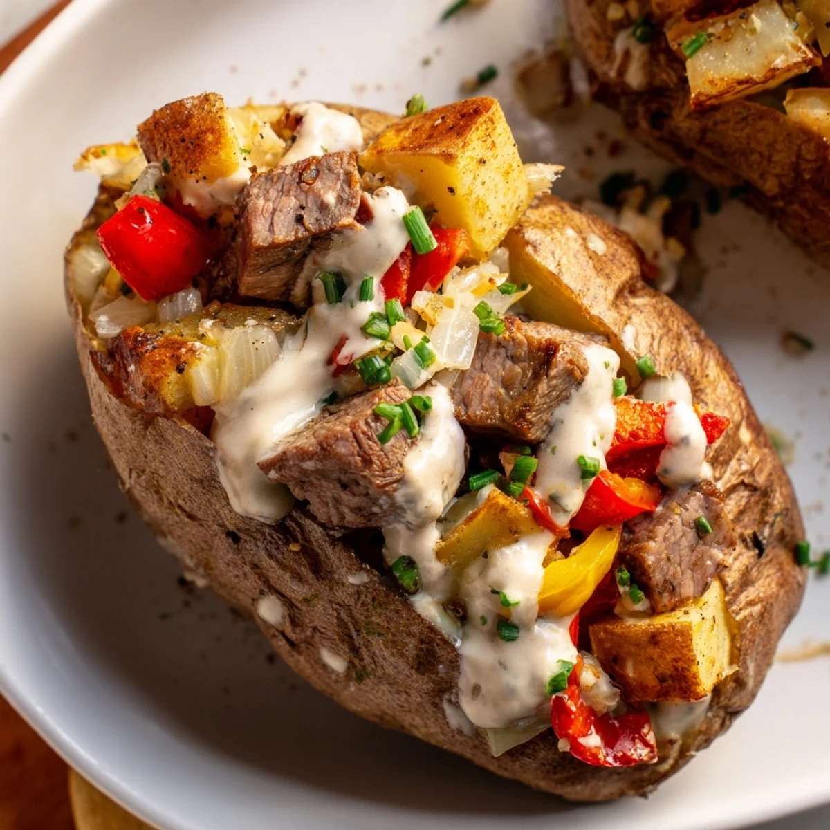 Steak stuffed baked potato with tender meat and sautéed peppers garnished with Parmesan sauce
