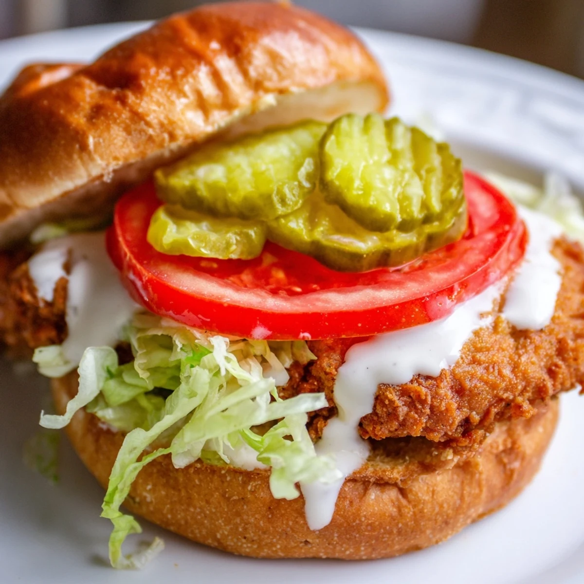 Golden crispy spicy chicken sandwich topped with tangy homemade sauce and fresh vegetables on toasted brioche bun