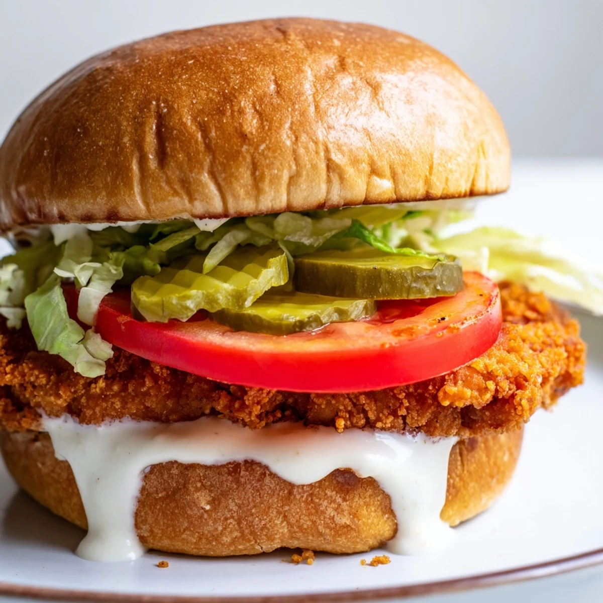 Homemade spicy chicken sandwich featuring crunchy fried meat, cool creamy dressing, lettuce, tomato, and pickles