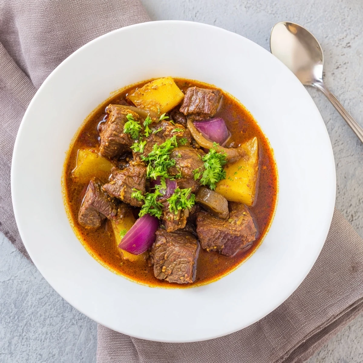 Slow cooker Indian beef curry with tender chunks simmered in rich coconut sauce and spices