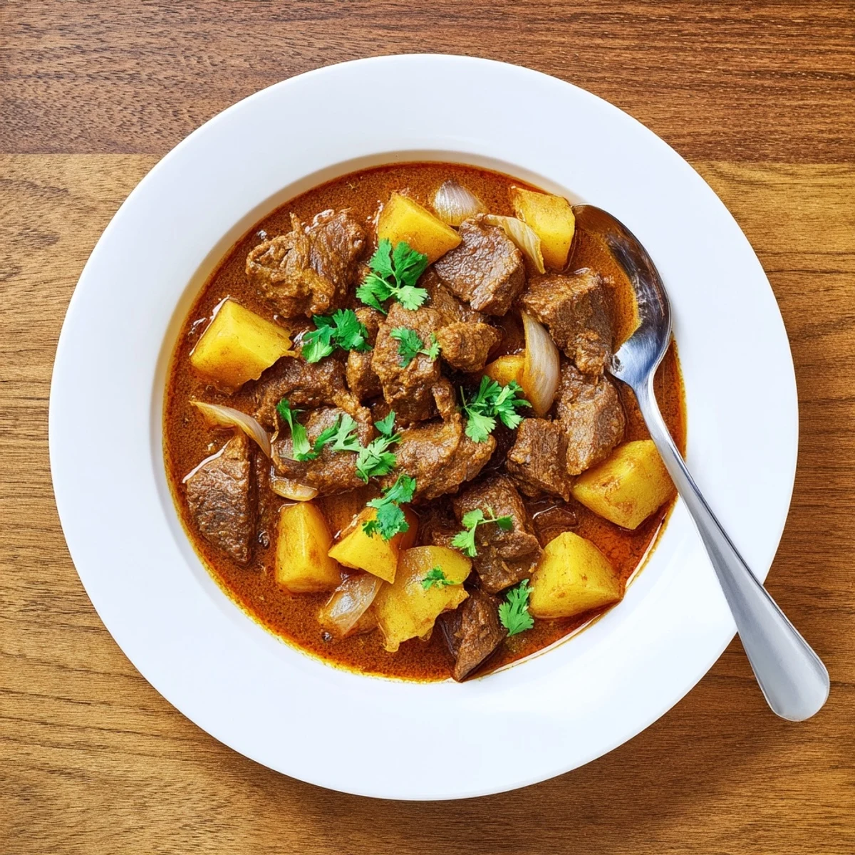 Golden beef curry bowl garnished with fresh cilantro served over fluffy white rice for dinner