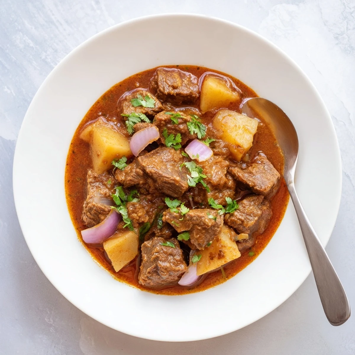Hearty slow cooker Indian beef curry featuring potatoes and aromatic spices in a thick gravy