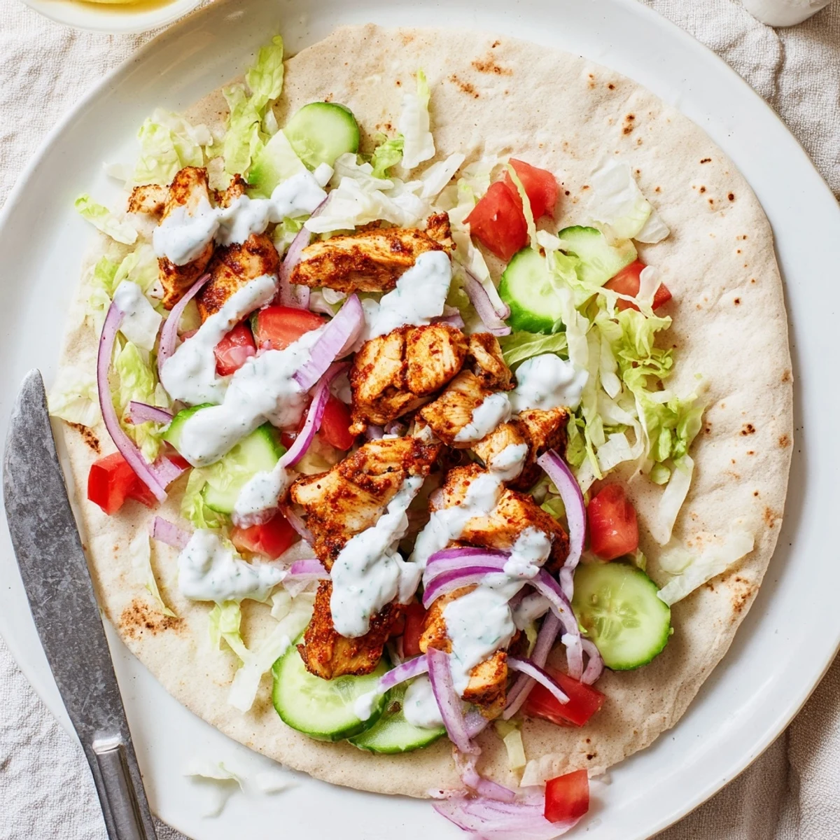 Juicy spiced chicken shawarma wrapped in warm pita with fresh vegetables and creamy garlic sauce