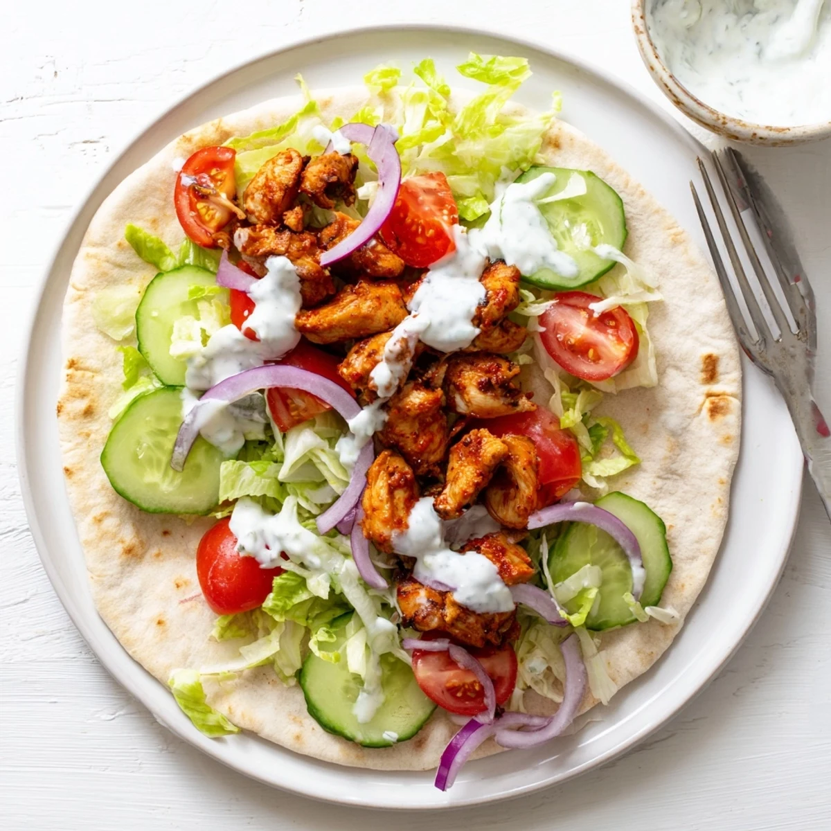 Golden marinated chicken shawarma piled high with colorful veggies and drizzled with tangy white sauce