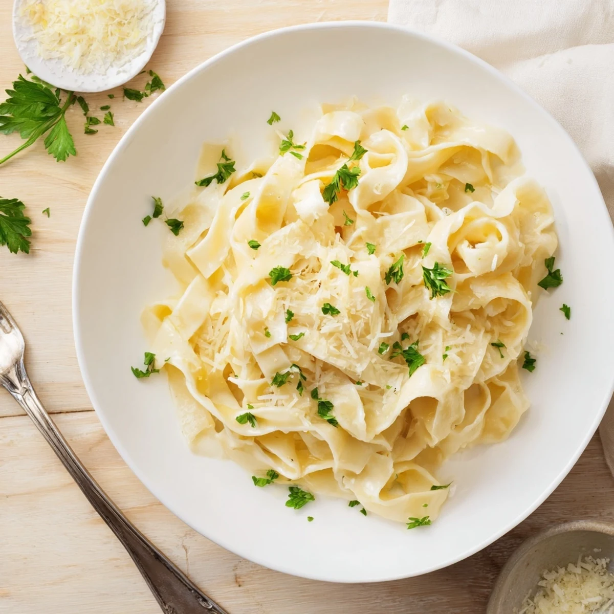 Golden fettuccine Alfredo coated in velvety Parmesan butter sauce with fresh parsley garnish