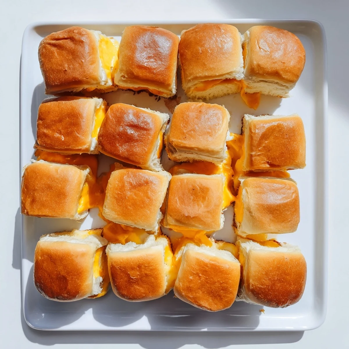 Golden brown mini grilled cheese Hawaiian rolls with melted cheddar cheese oozing from soft sweet bread