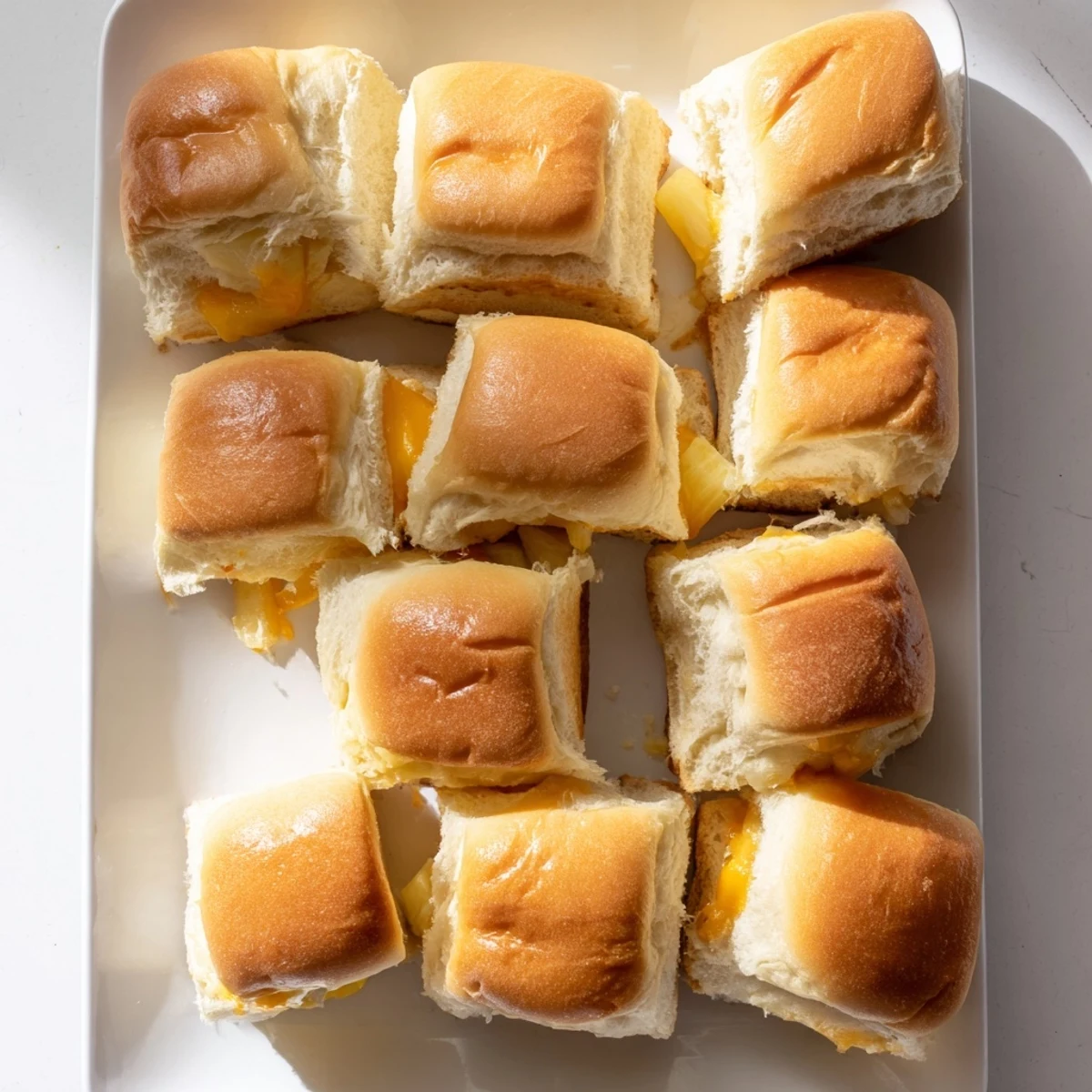 Baking dish of Hawaiian roll sliders brushed with garlic butter and toasted until cheese is bubbly
