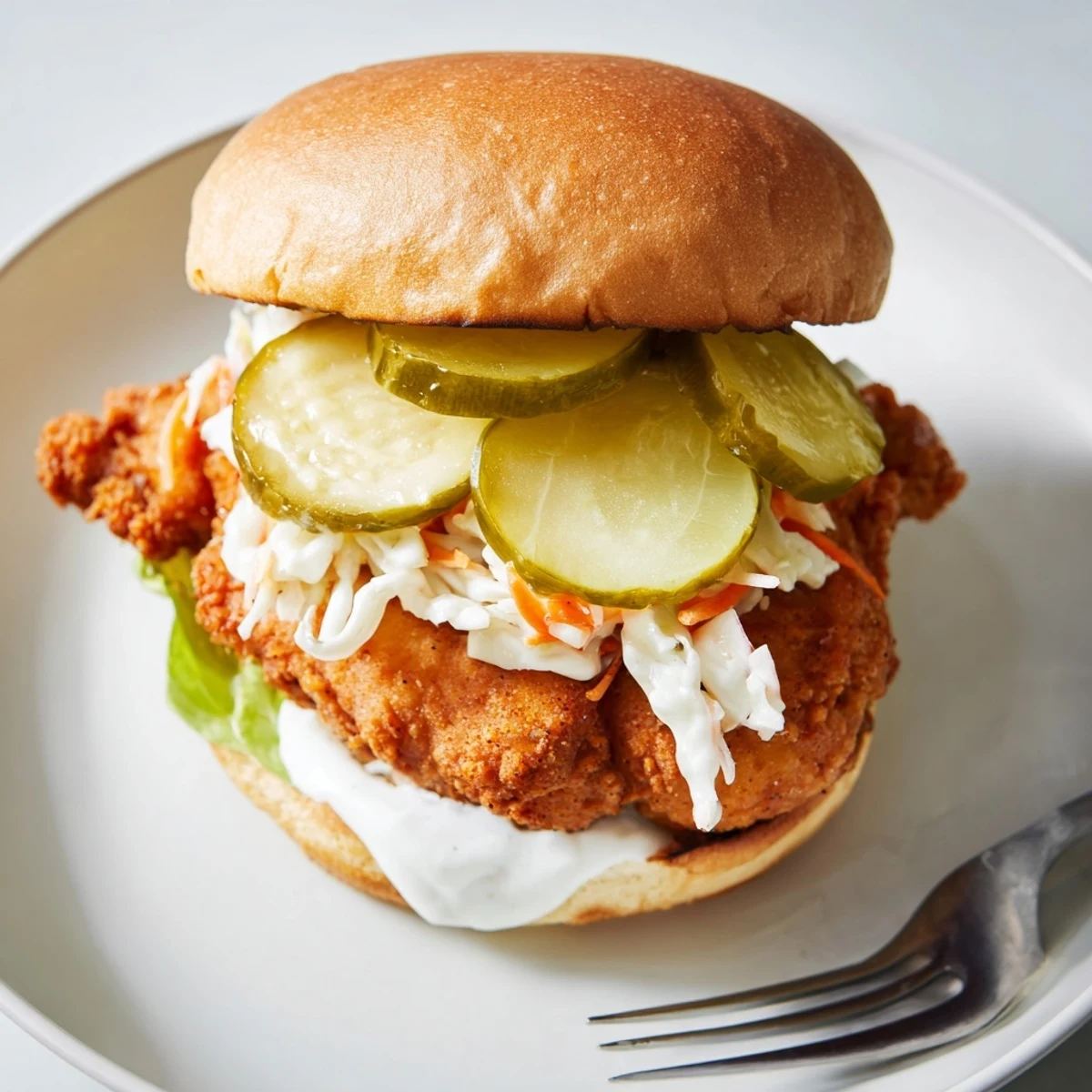 Golden Southern fried chicken burgers topped with crunchy slaw and tangy pickles on toasted buns