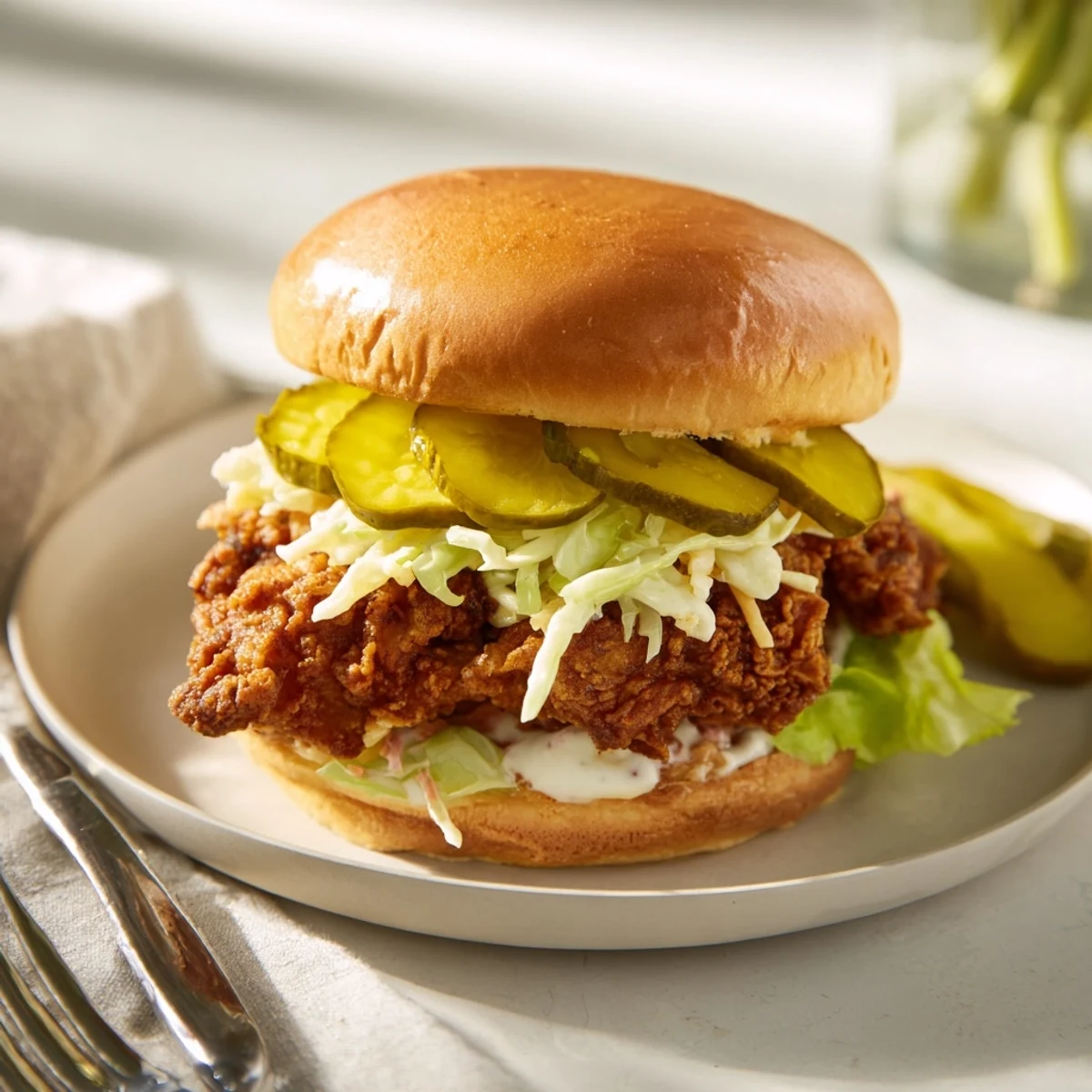 Crispy buttermilk fried chicken thighs stacked with fresh cabbage slaw inside soft hamburger buns