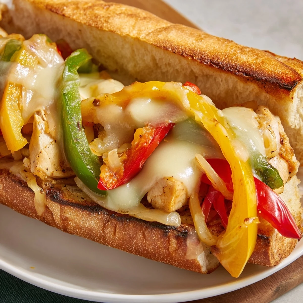 Golden chicken cheese steak sandwich overflowing with melted provolone and colorful peppers