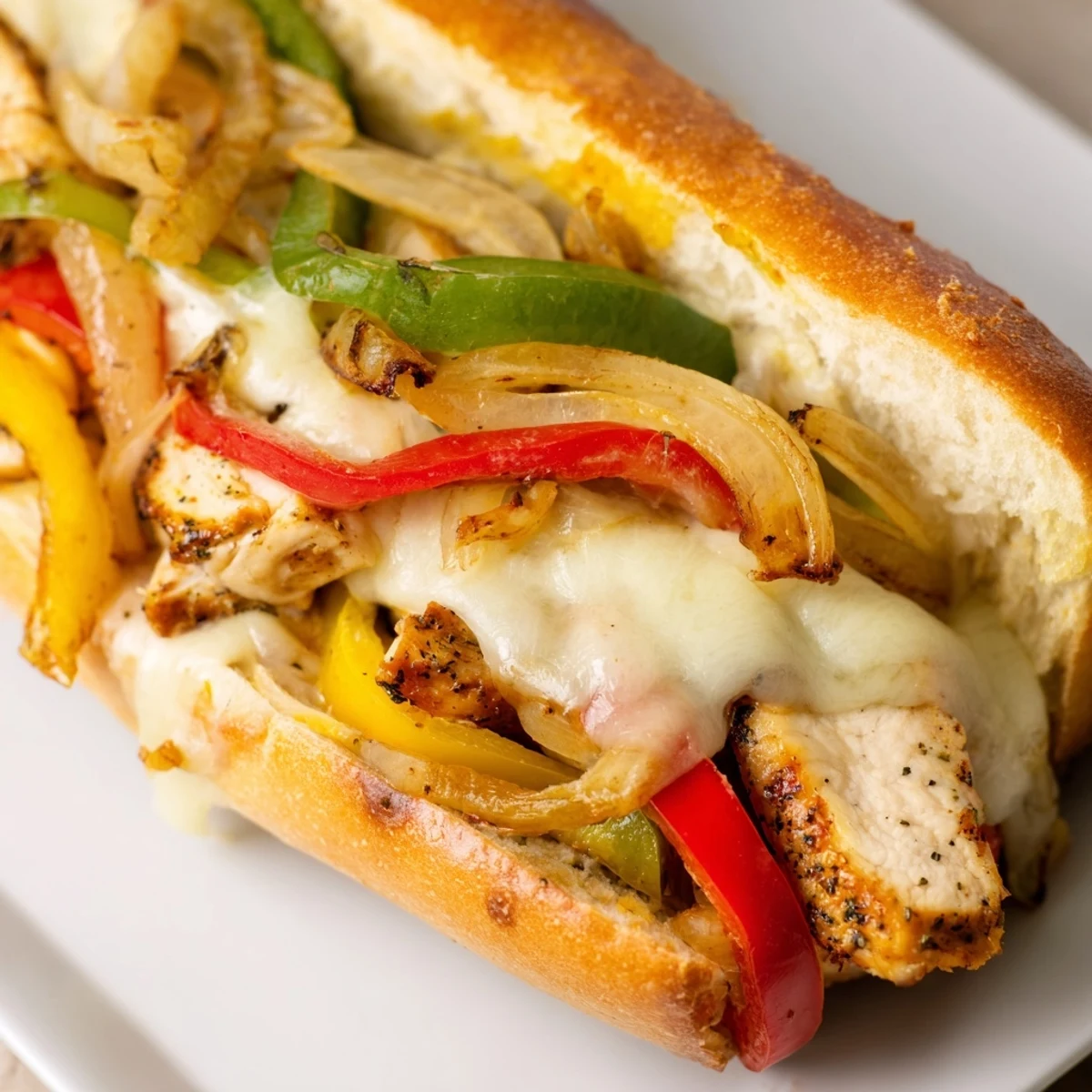 Toasted hoagie roll stuffed with seasoned chicken strips and caramelized vegetables