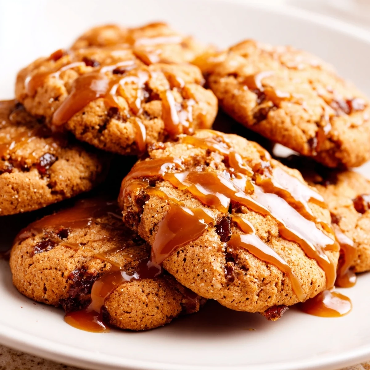 Soft chewy sticky toffee pudding cookies drizzled with warm buttery toffee glaze