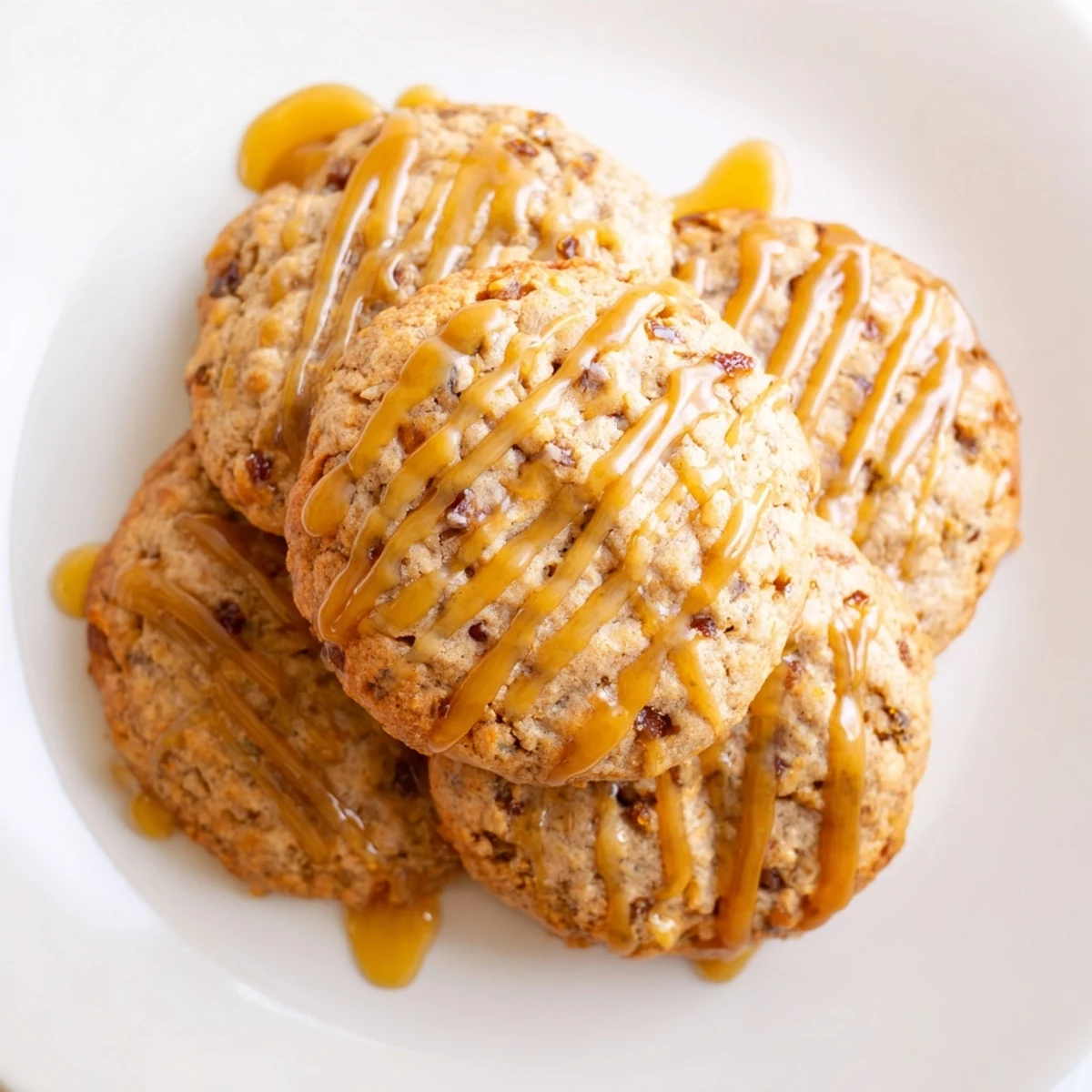 Golden brown sticky toffee pudding cookies topped with glossy caramel toffee sauce