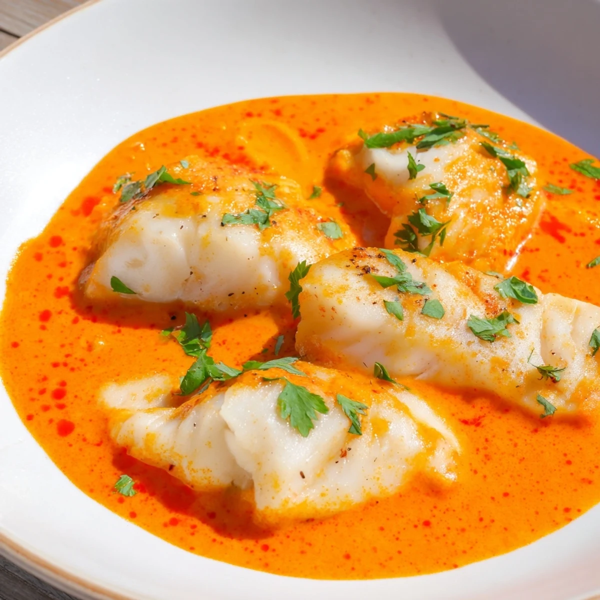 Golden pan-seared cod fillets nestled in a vibrant roasted red pepper cream sauce
