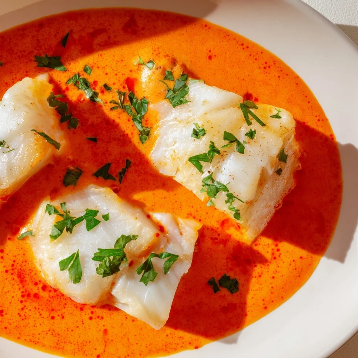 Tender white cod simmering in a creamy Mediterranean red pepper sauce with fresh parsley garnish