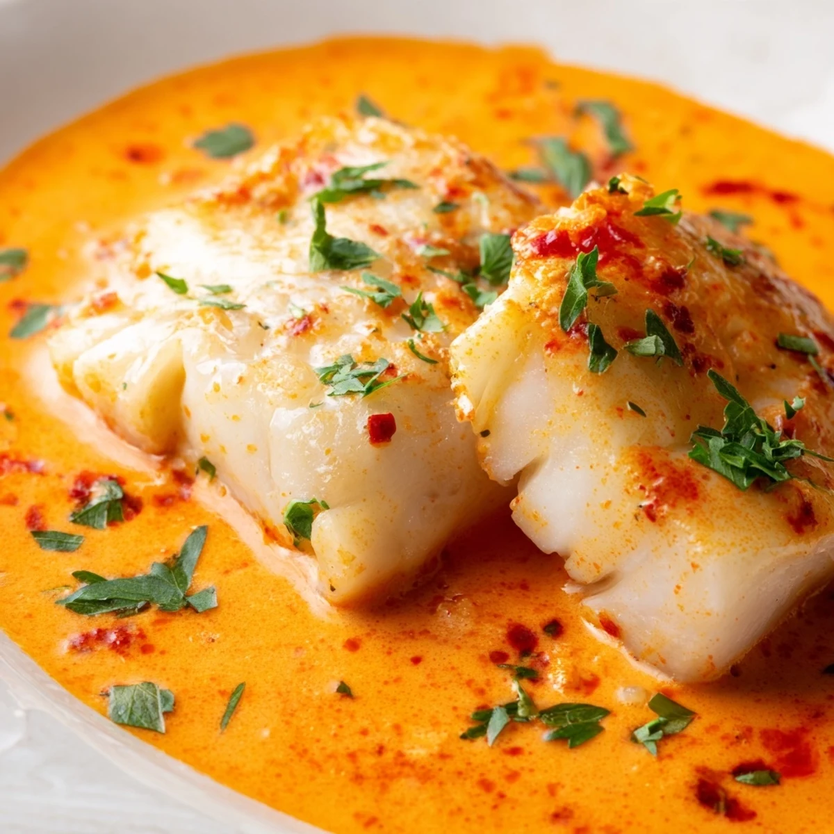 Flaky cod pieces swimming in a smooth orange-red roasted pepper sauce served in a skillet