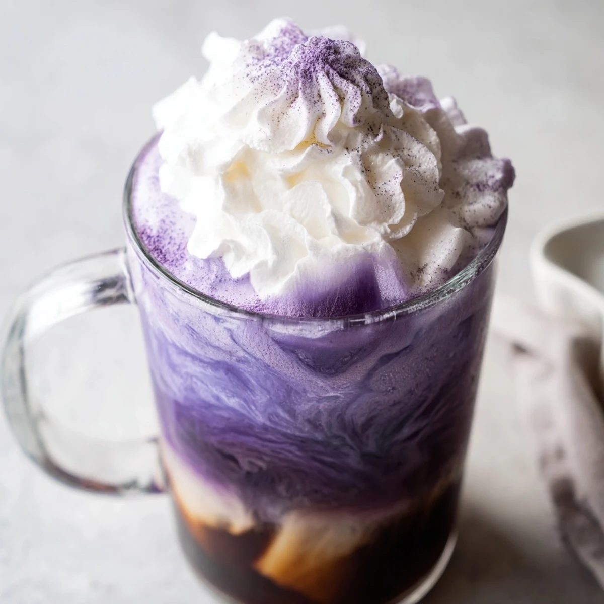 Vibrant purple ube latte with swirled whipped cream topping in a clear glass