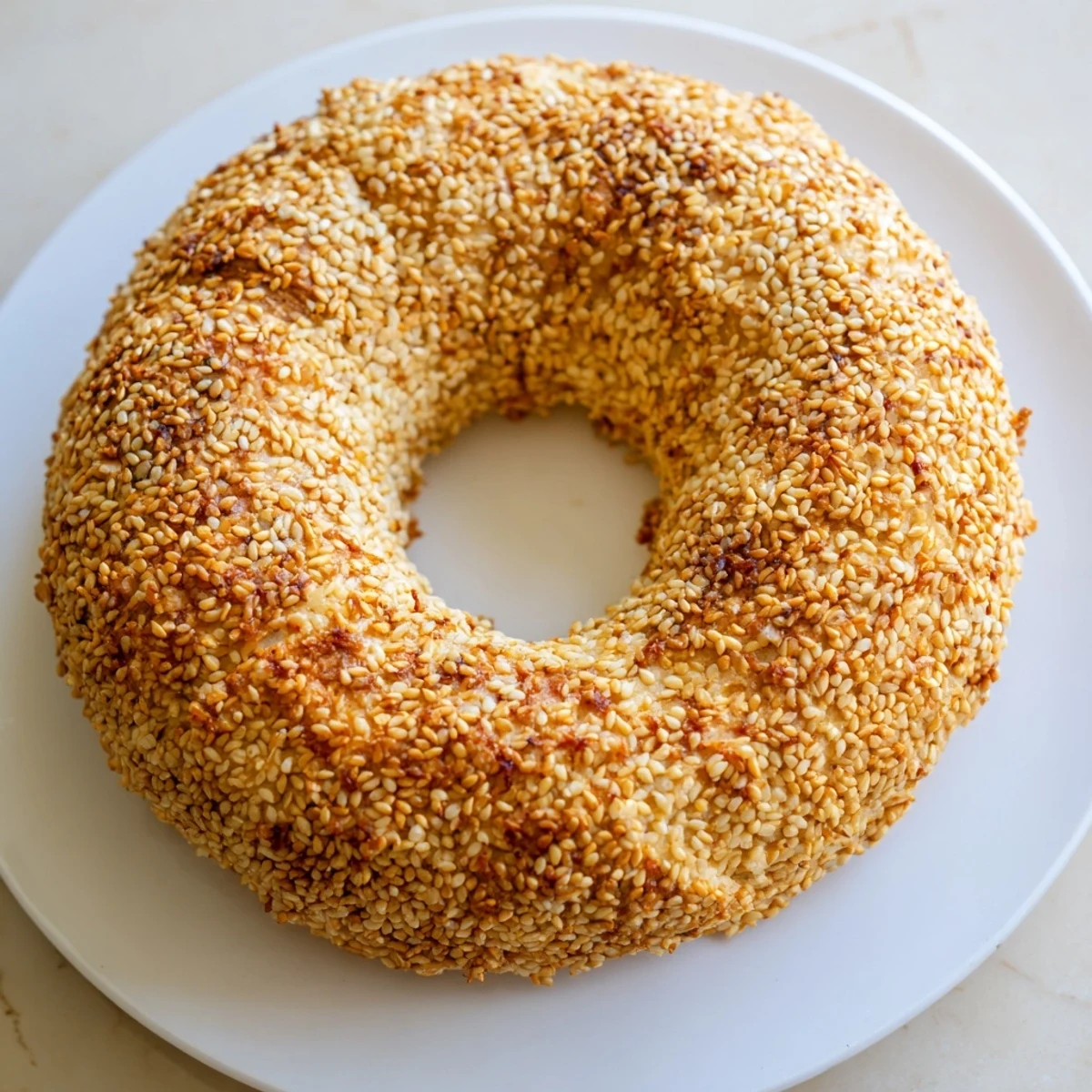 Golden sesame bread rings with crisp crusts and soft interiors scattered on a wooden board