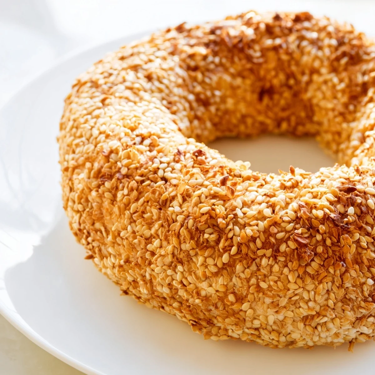 Warm Mediterranean sesame bread rings fresh from the oven coated in toasted seeds