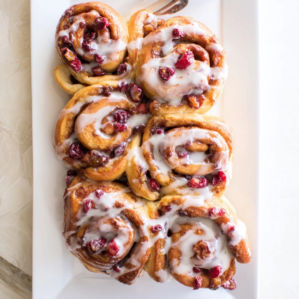 Golden cherry cinnamon rolls fresh from the oven with sweet vanilla glaze dripping down the spiraled layers