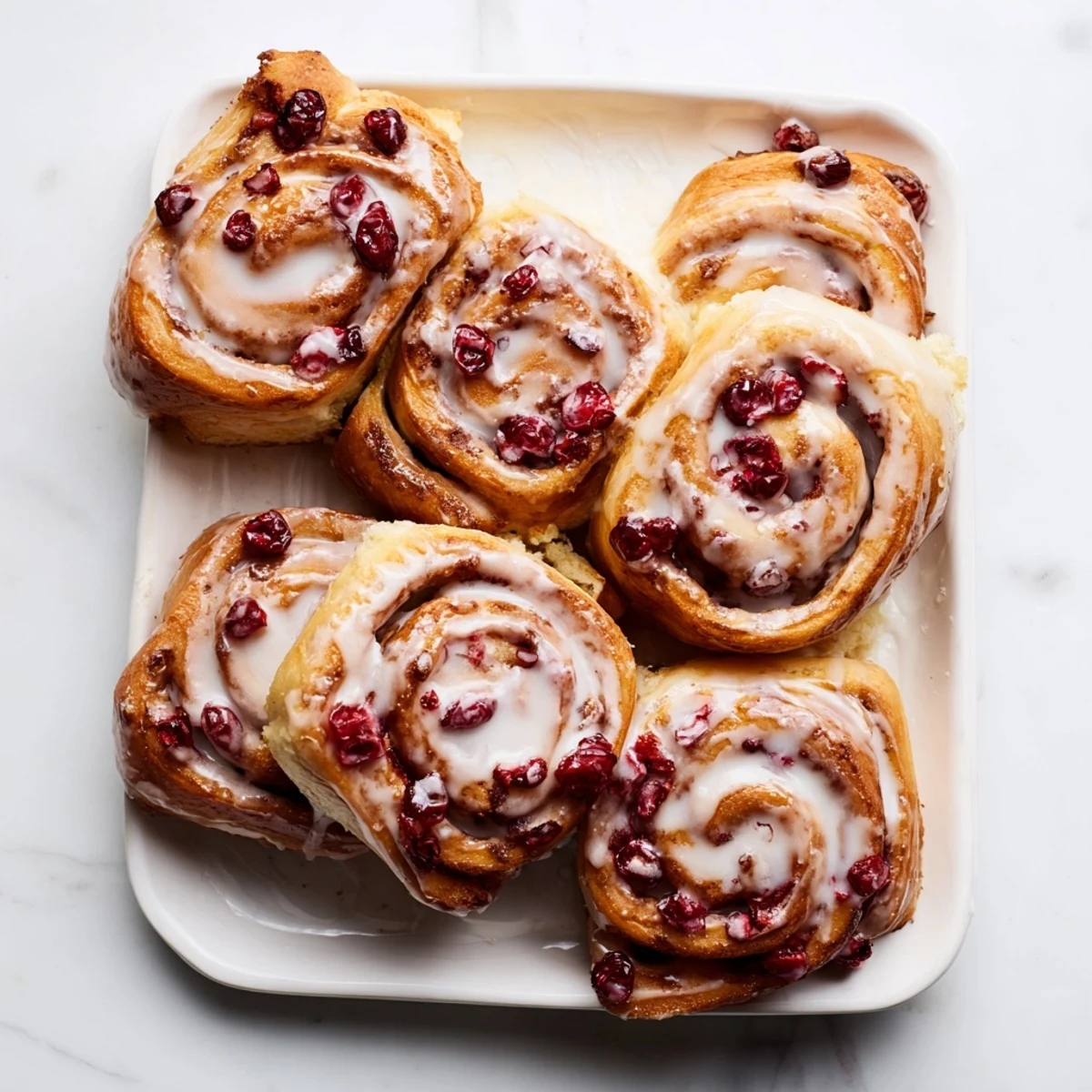 Soft homemade cherry cinnamon rolls swirled with brown sugar and juicy cherries on a white serving plate