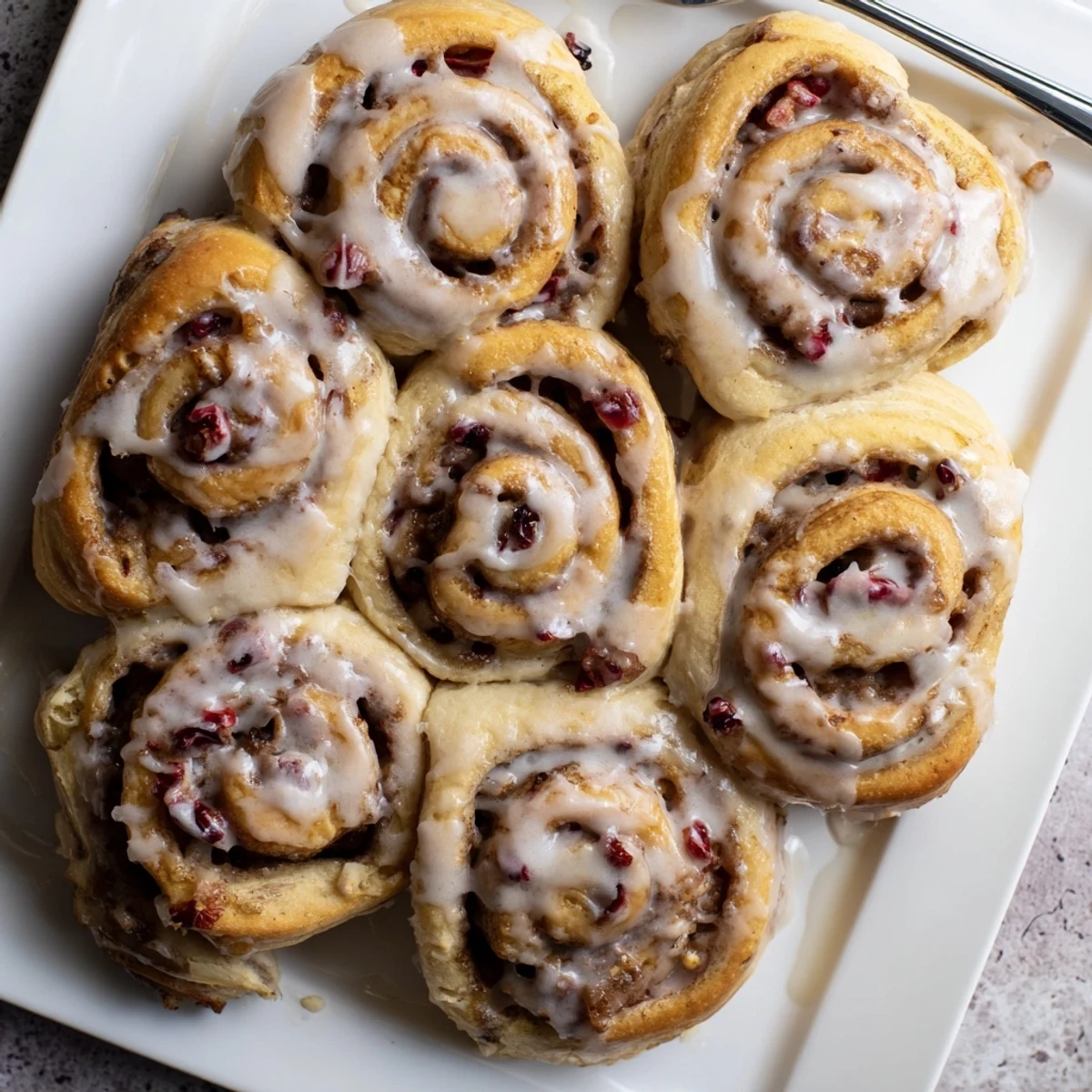 Close-up of warm cherry cinnamon rolls topped with creamy vanilla glaze and scattered chopped cherries