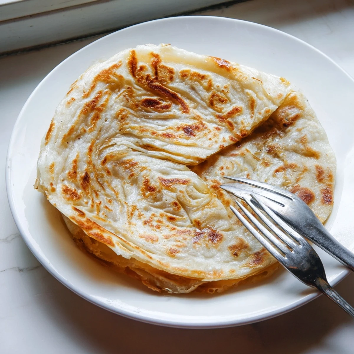 Golden flaky roti canai with crispy layered texture served on wooden board