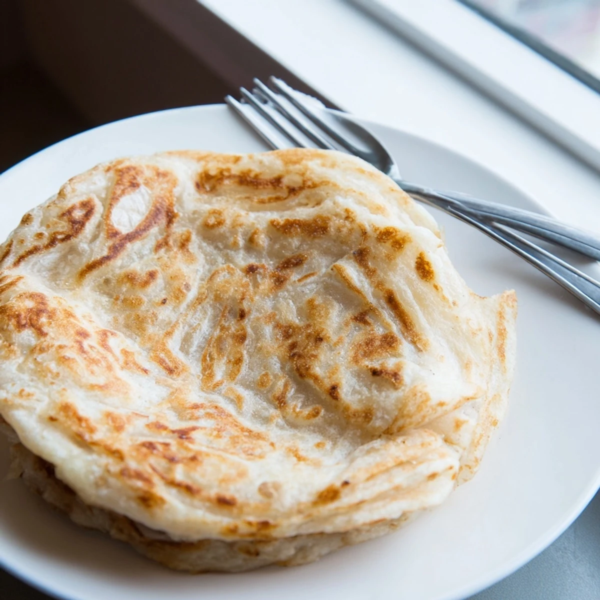 Stack of warm Malaysian roti canai flatbread with tender chewy interior