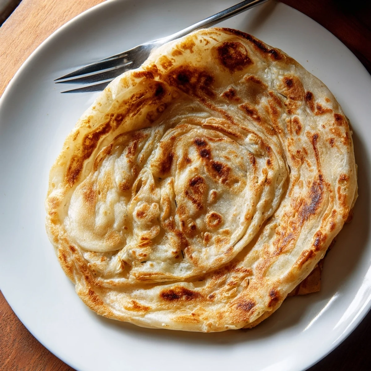 Hand-stretched roti canai bread displaying signature flaky layers and golden crust