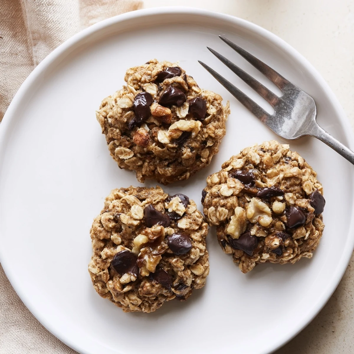 Golden brown Irish oat cookies stacked on a wooden cutting board, showcasing their chewy texture and chocolate chip studded surface