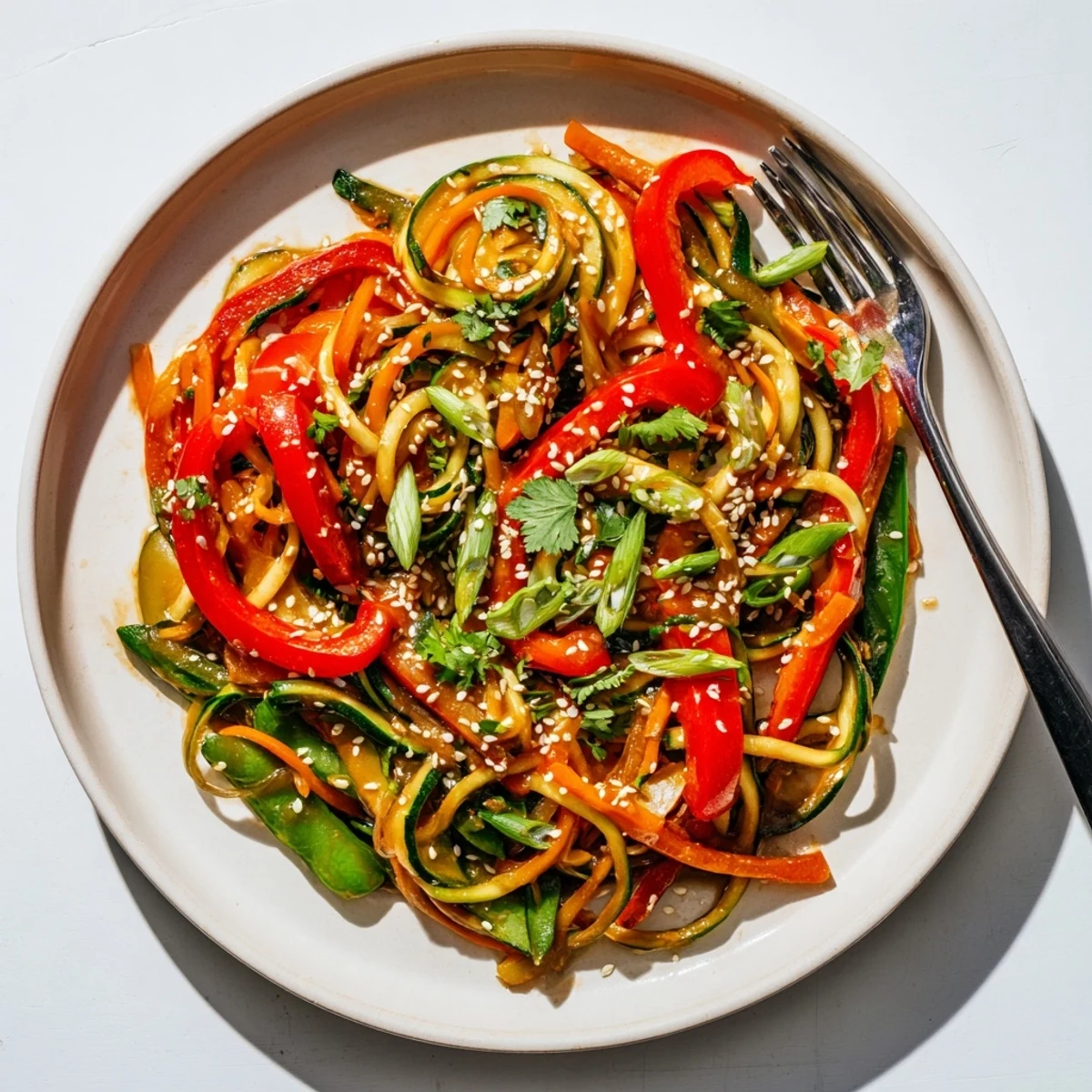 Glossy zucchini noodles tangled with colorful vegetables in rich homemade teriyaki sauce