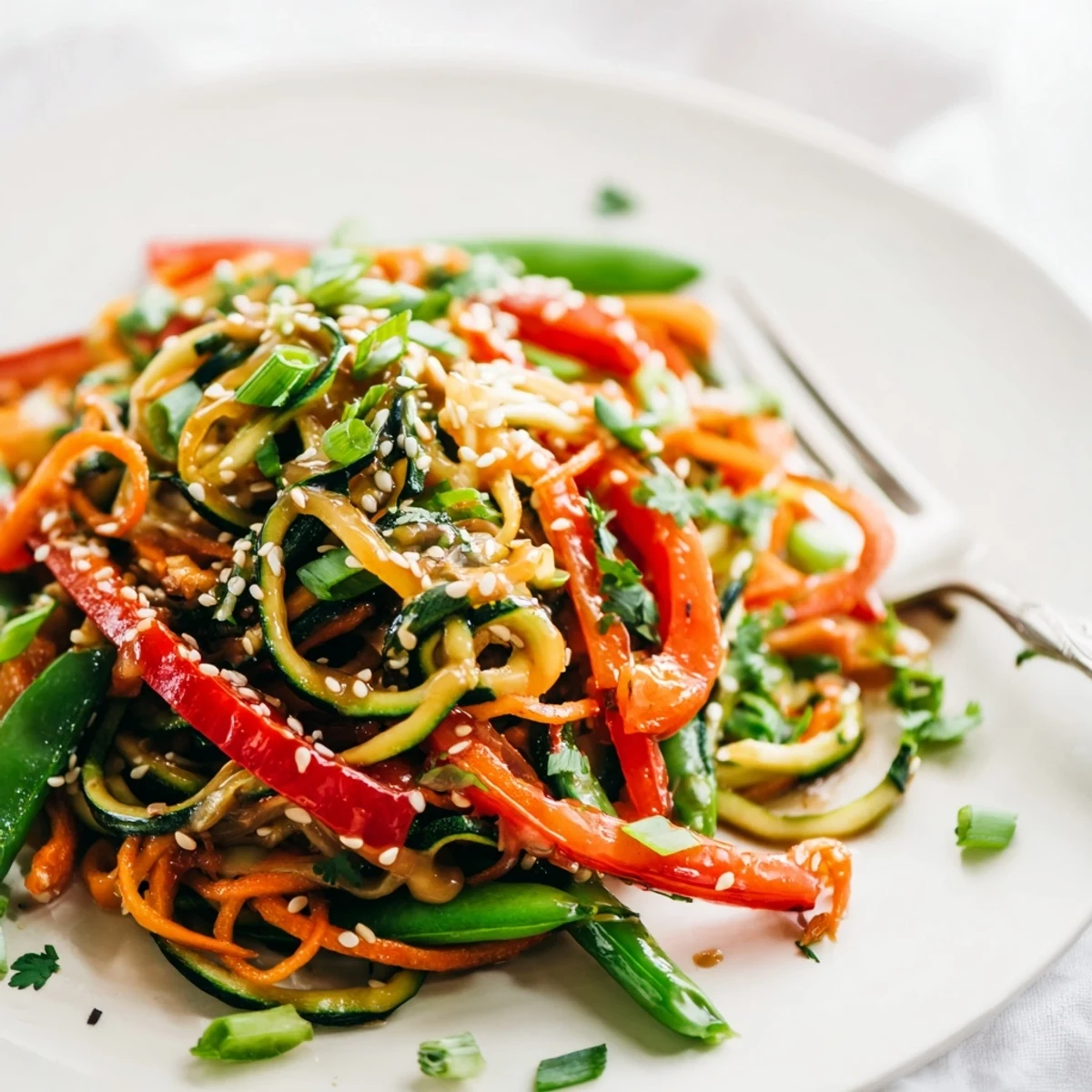 Vibrant bowl of spiralized zucchini noodles coated in savory sweet teriyaki glaze