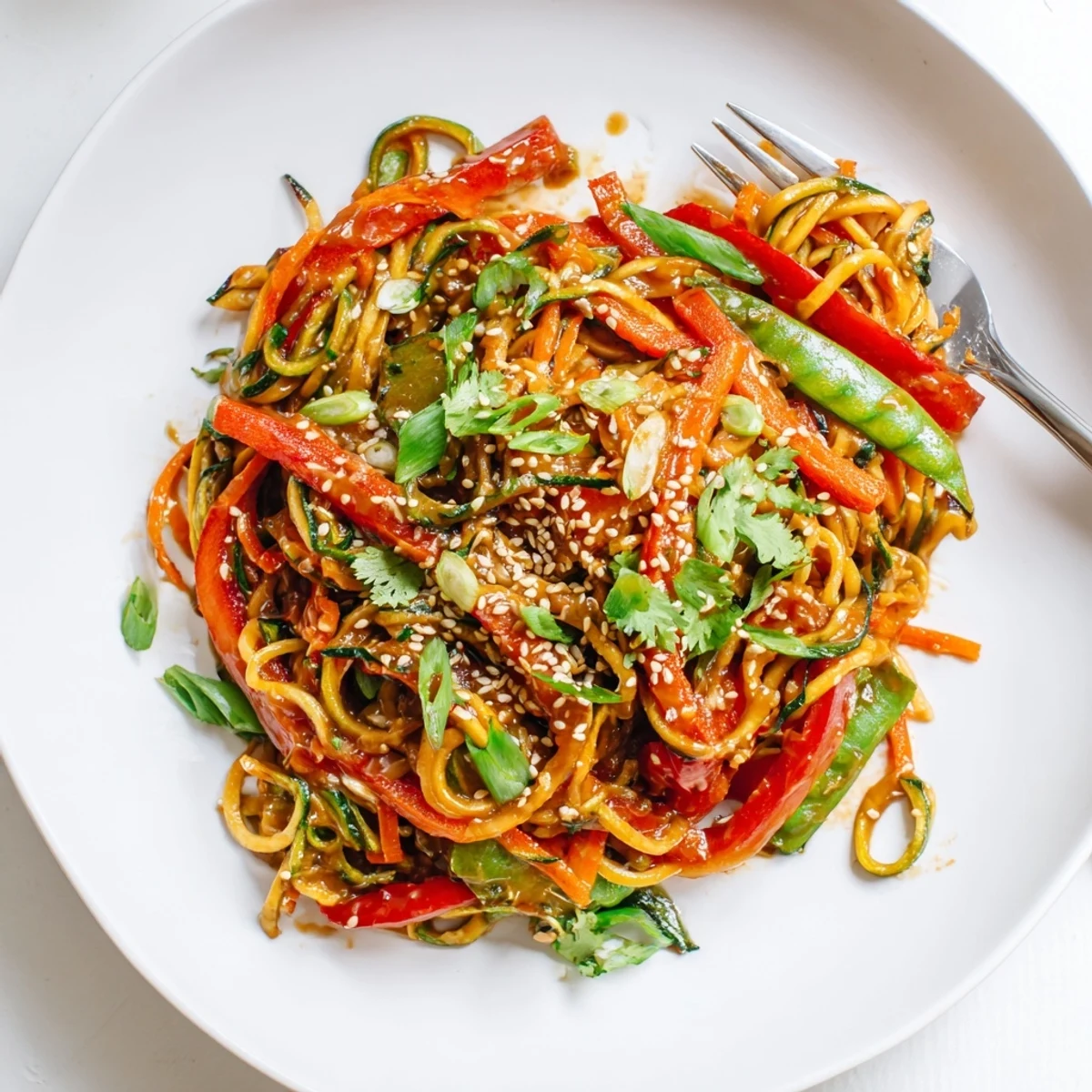 Fresh zucchini noodles stir-fried with crisp bell peppers and snap peas in teriyaki