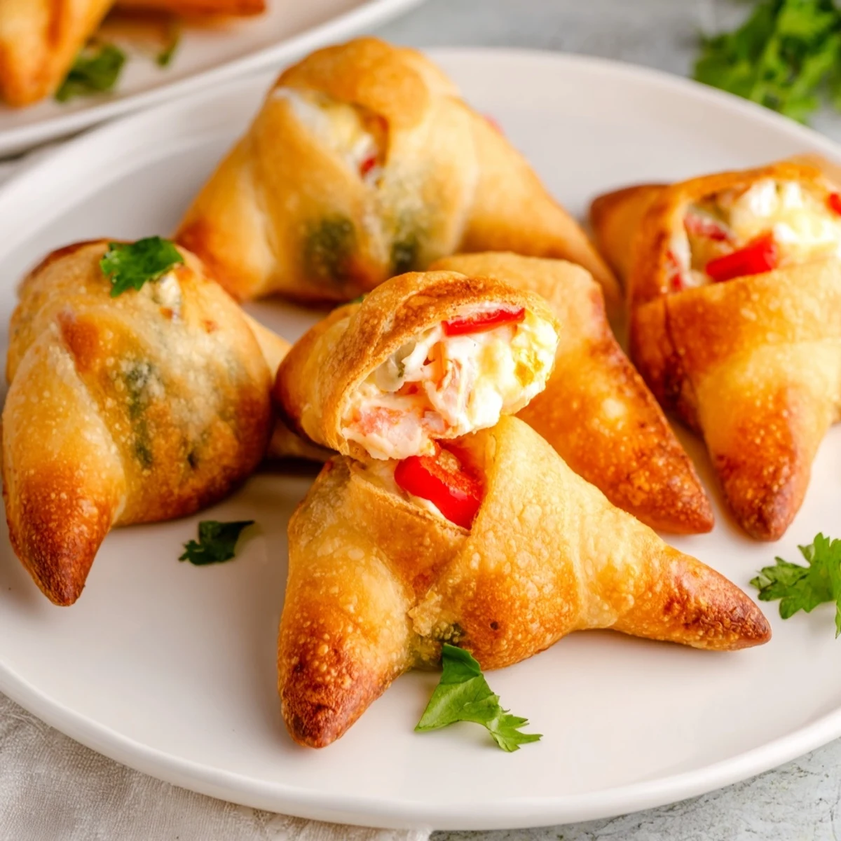 Golden brown crab and shrimp tortilla bombs filled with creamy cheese and colorful diced vegetables