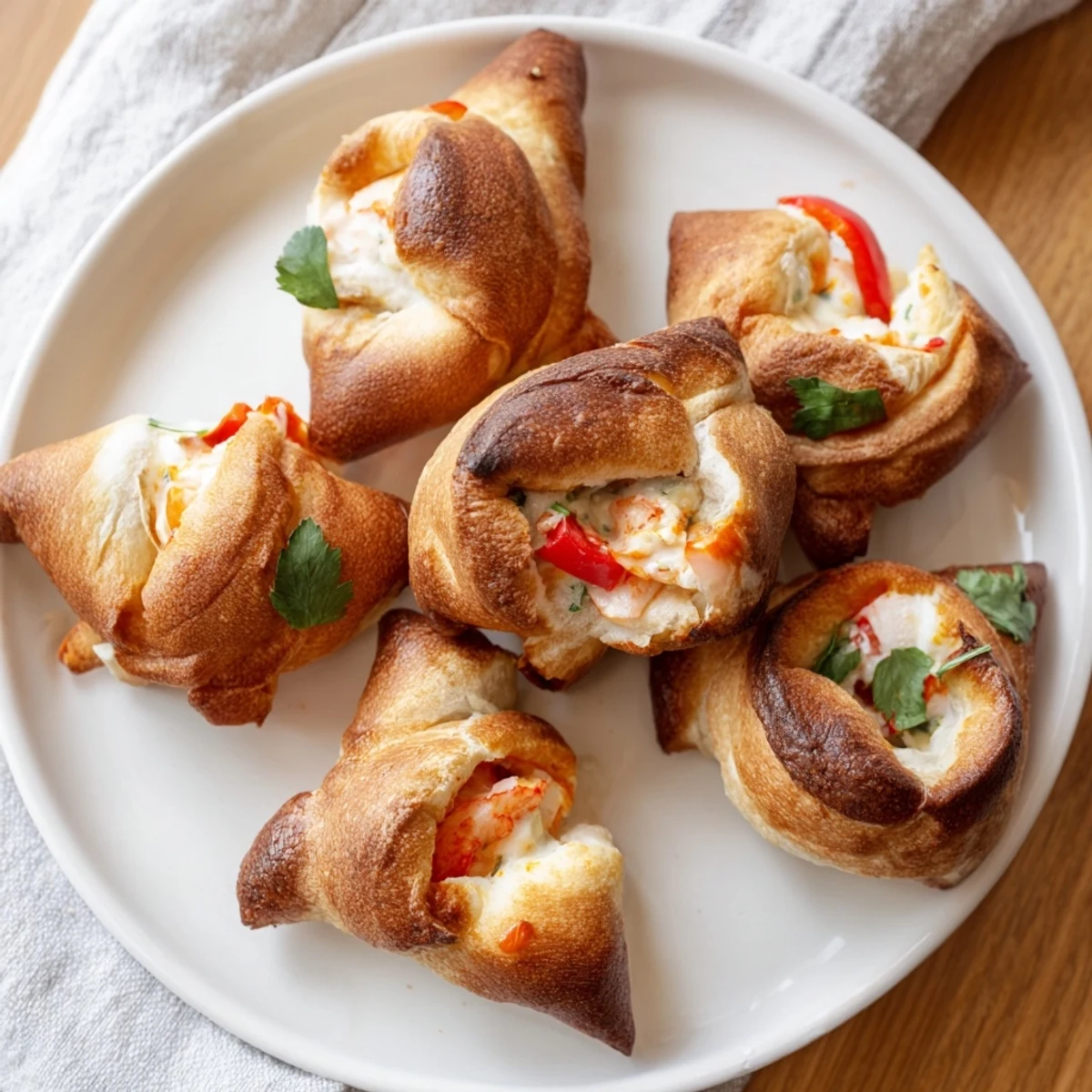 Seafood-packed appetizer featuring crab and shrimp wrapped in tortilla shells, brushed with olive oil