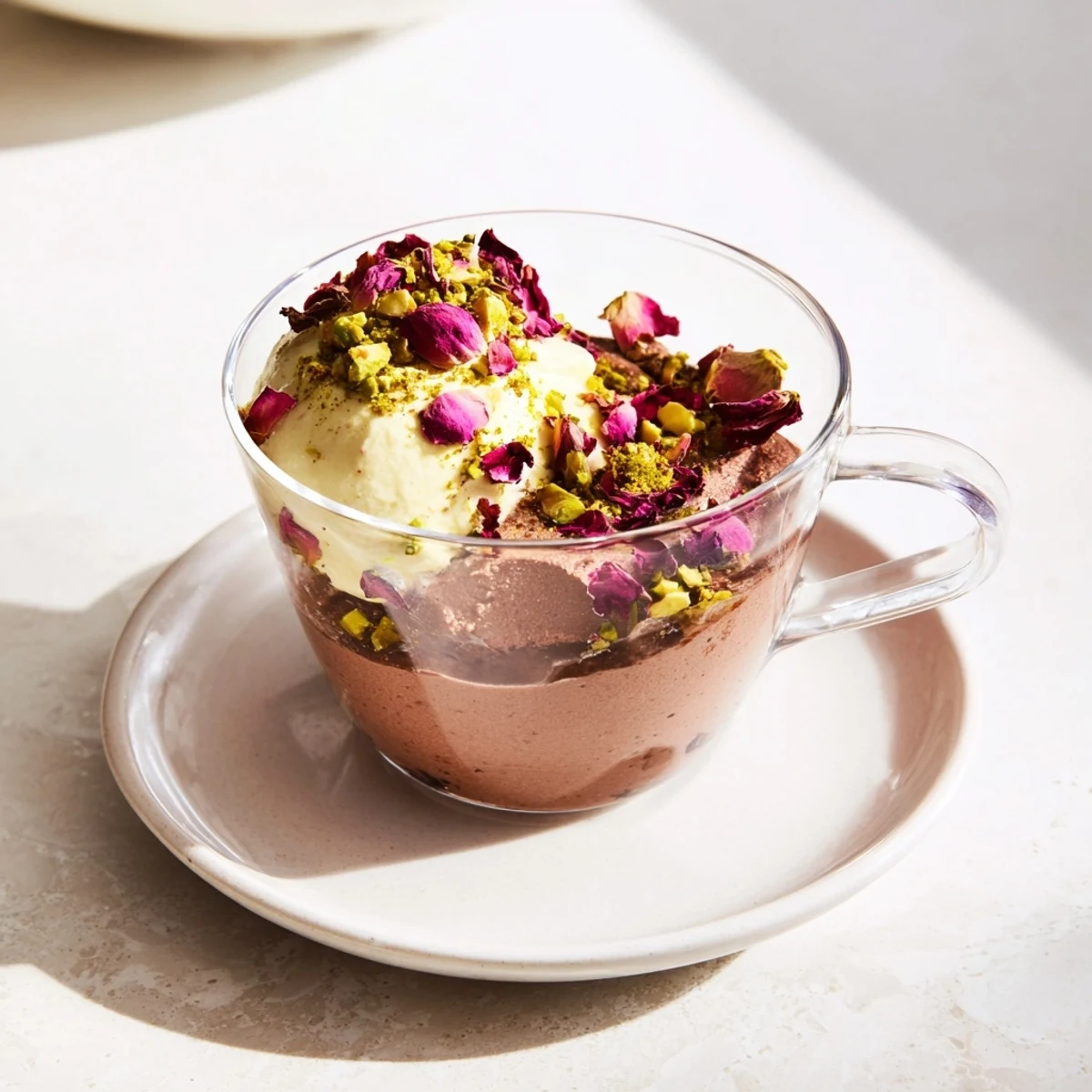 Rich Dubai chocolate cup dessert with creamy mousse, pistachio crunch layer, and rosewater cream topping