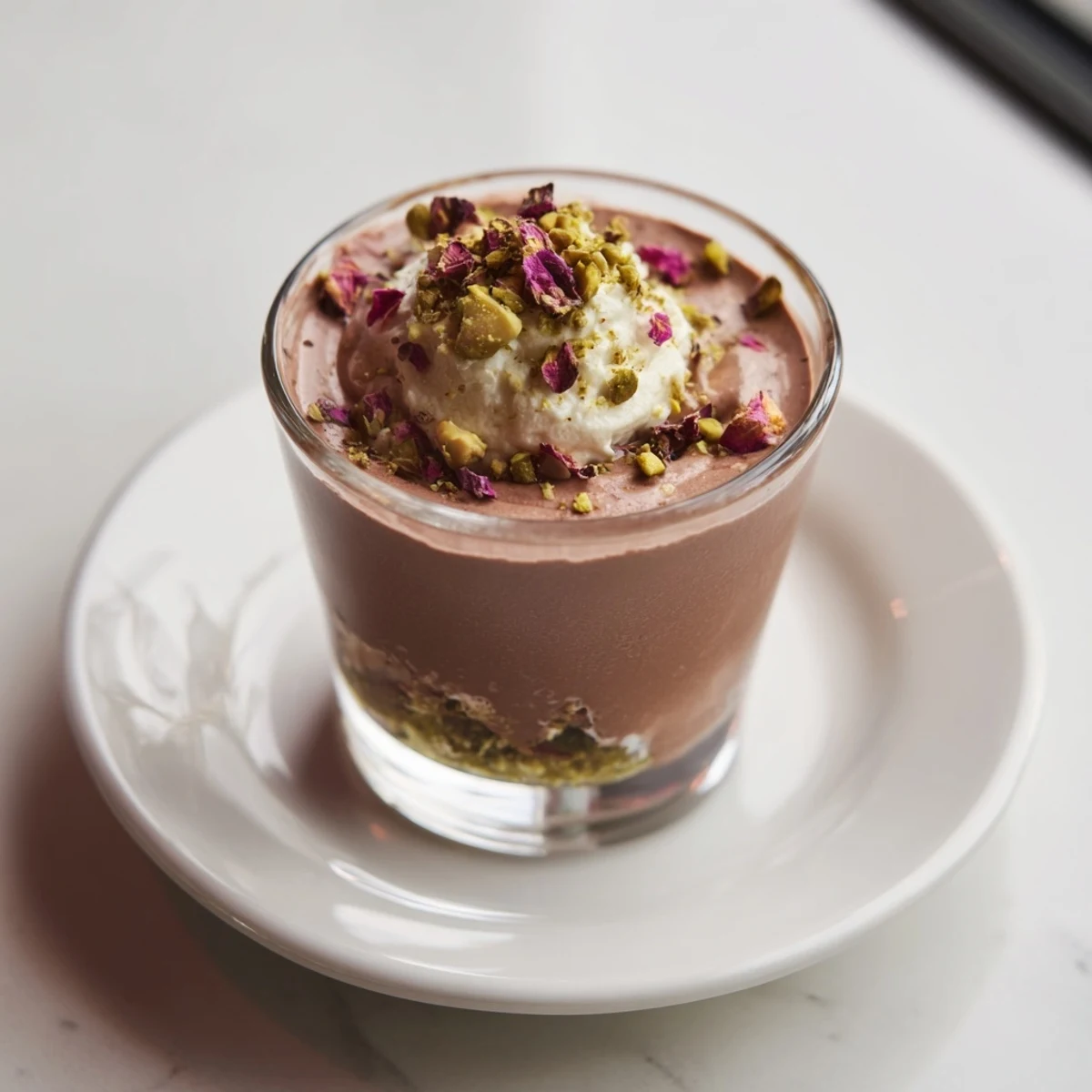 Decadent Dubai chocolate cup featuring cardamom-spiced mousse and honey-glazed pistachios in individual serving glasses
