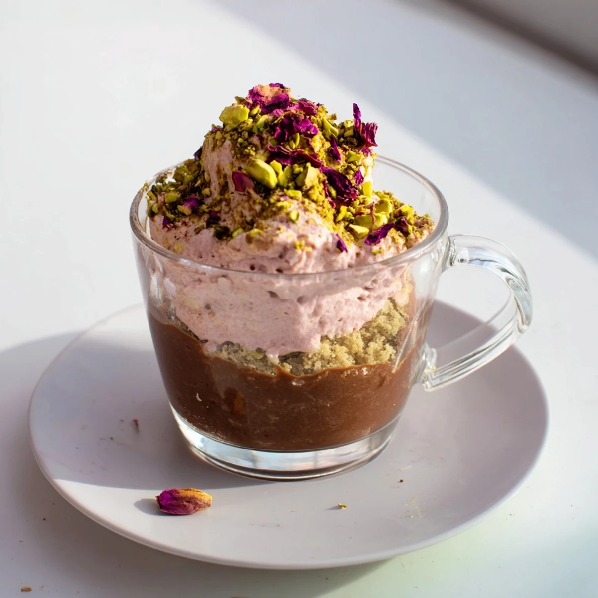 Middle Eastern Dubai chocolate cup dessert garnished with whipped rosewater cream and crunchy pistachios