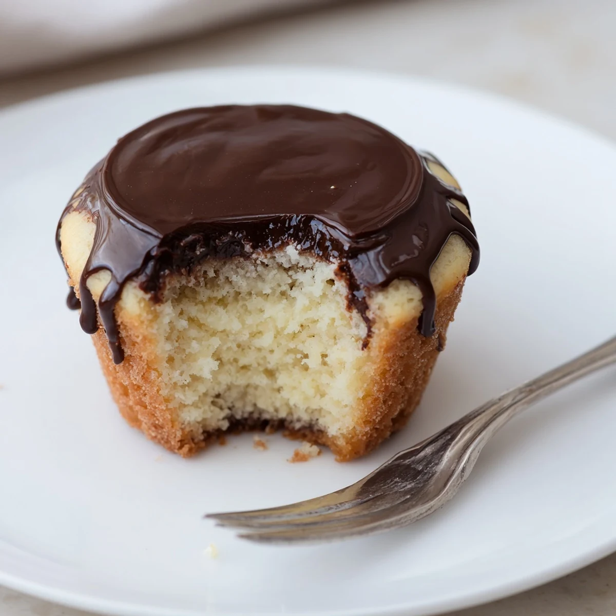 Individually portioned Boston cream pie cupcakes with vanilla cake and smooth custard filling under chocolate frosting