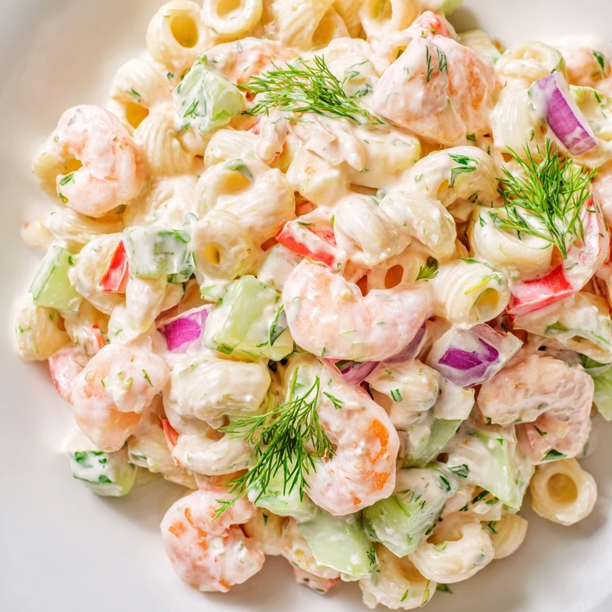 Creamy shrimp pasta salad bowl topped with fresh dill and crisp colorful vegetables