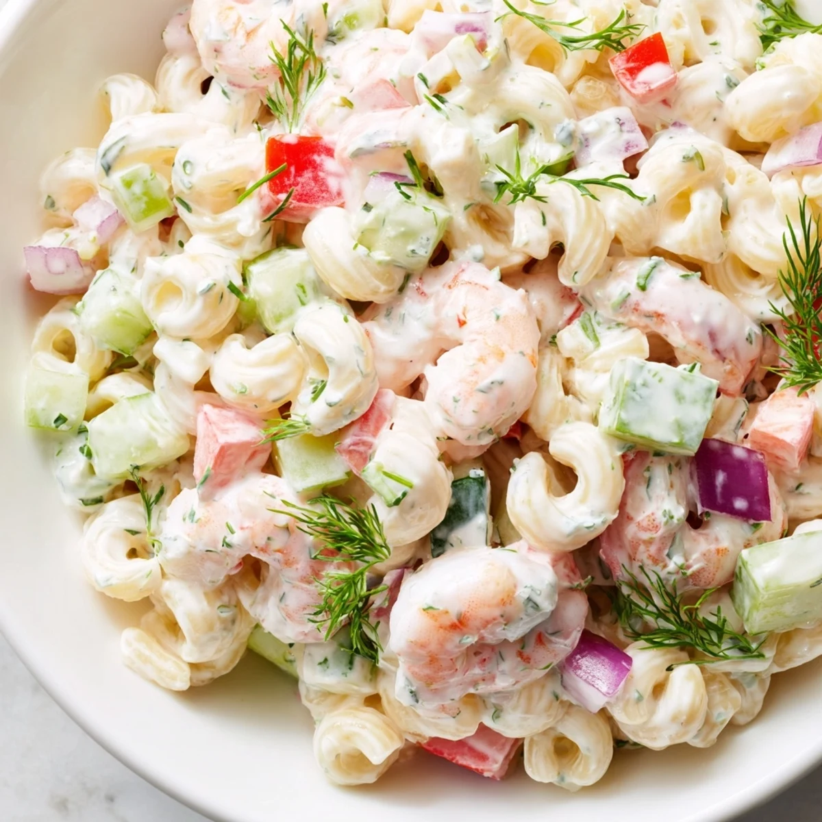 Summer seafood pasta salad featuring tender shrimp, crunchy celery, and creamy herb coating