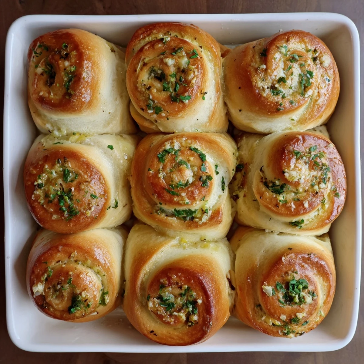Golden homemade garlic bread rolls fresh from the oven with melted butter and parsley topping
