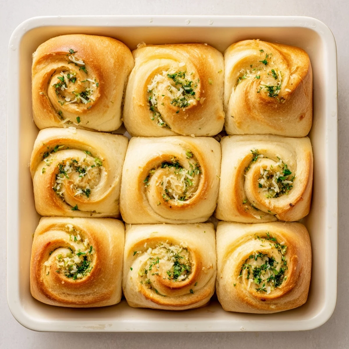 Soft fluffy garlic bread rolls brushed with savory garlic butter and sprinkled with Parmesan cheese