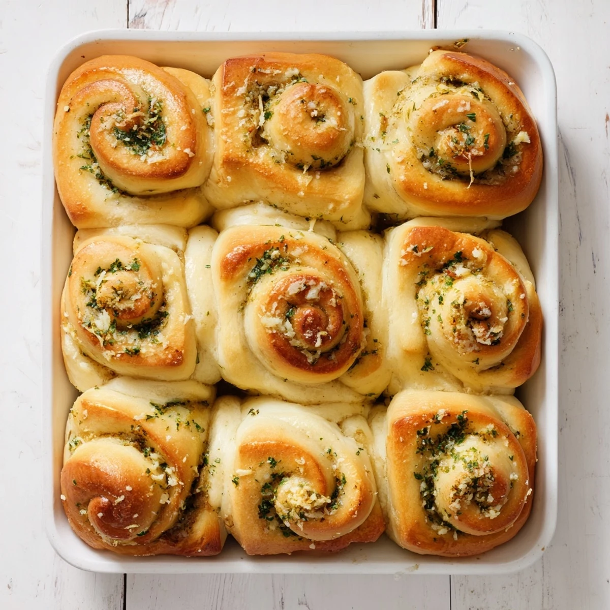Warm garlic bread rolls arranged in a baking pan golden brown and ready to serve