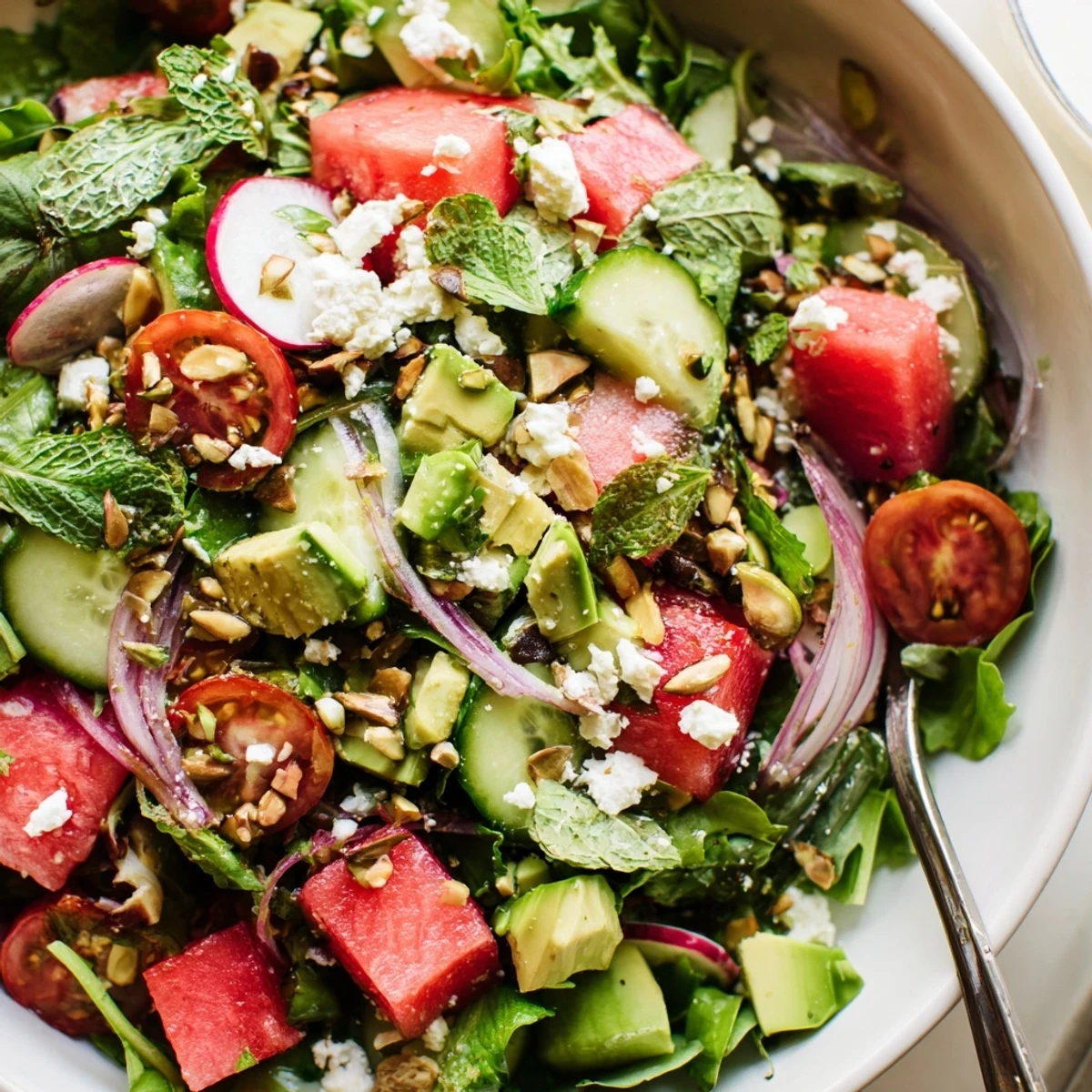 Refreshing ultimate summer salad featuring mixed greens, cherry tomatoes, avocado, and zesty lemon vinaigrette