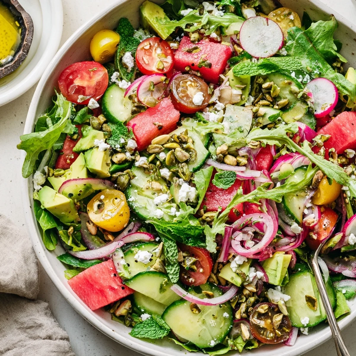 Colorful ultimate summer salad bowl with fresh watermelon, feta cheese, and crisp vegetables