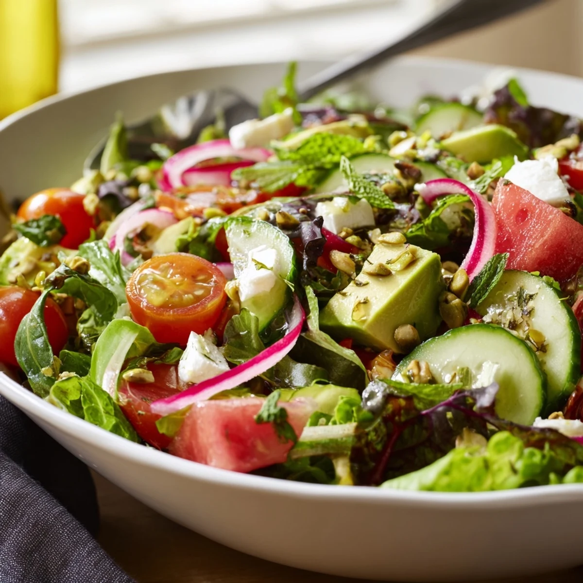 Vibrant ultimate summer salad platter garnished with mint, basil, toasted nuts, and seasonal produce