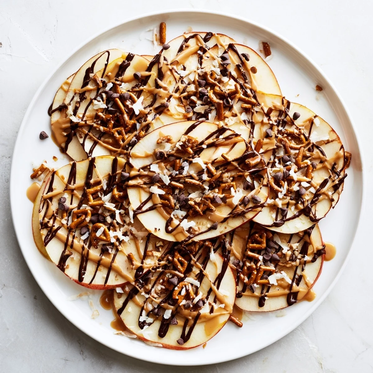 Crisp apple slices topped with melted peanut butter, chocolate chips, and crunchy peanuts